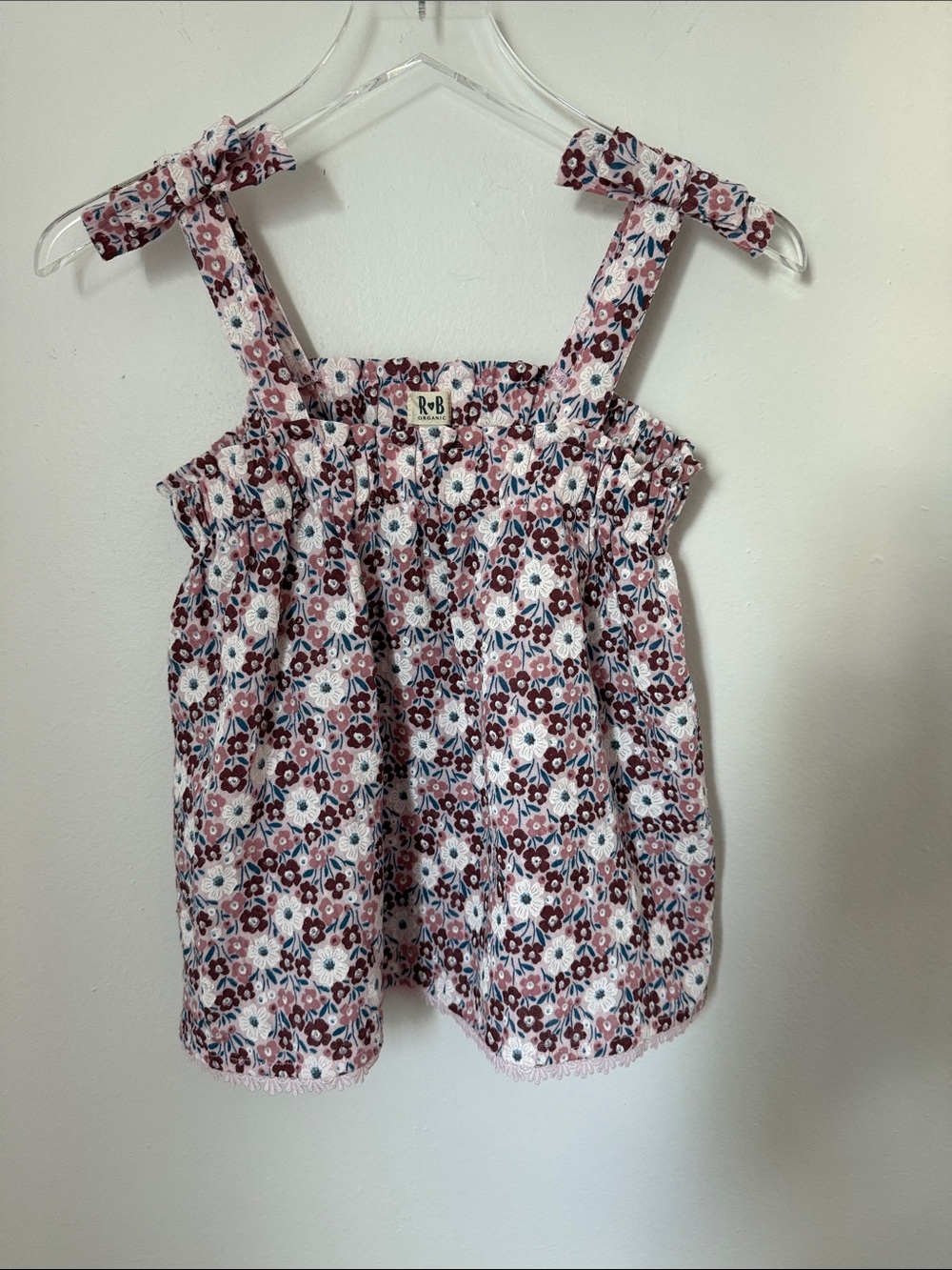 R&B Organic Girls Size 10 Pink Floral Tie Strap Organic Cotton Boho Tank Top